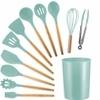 Wolblix 12Pcs Silicone Cooking Kitchen Utensils Set with Holder,Wooden Handles Cooking Tool,BPA Free,Non Toxic Turner Tongs Spatula Spoon Kitchen Gadgets Set for Nonstick Cookware (Green)