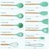 Wolblix 12Pcs Silicone Cooking Kitchen Utensils Set with Holder,Wooden Handles Cooking Tool,BPA Free,Non Toxic Turner Tongs Spatula Spoon Kitchen Gadgets Set for Nonstick Cookware (Green)