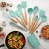 Wolblix 12Pcs Silicone Cooking Kitchen Utensils Set with Holder,Wooden Handles Cooking Tool,BPA Free,Non Toxic Turner Tongs Spatula Spoon Kitchen Gadgets Set for Nonstick Cookware (Green)
