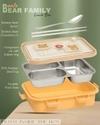 Seboncare Bear Family Stainless Steel 3 Compartment Lunch Box For Office, School, Travelling with Chopstics Pair and Spoon - Yellow