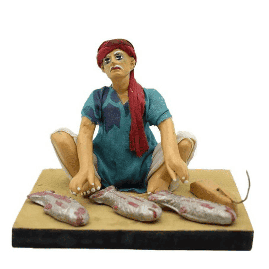 pujaNpujari Golu Dolls Fish Seller Kolu Bommalu / Bommai for Dussera / Navaratri Decorative Showpiece - 10 cm (Clay, Multicolor)