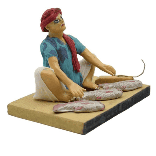 pujaNpujari Golu Dolls Fish Seller Kolu Bommalu / Bommai for Dussera / Navaratri Decorative Showpiece - 10 cm (Clay, Multicolor)