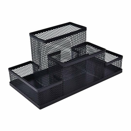 Fixily Mesh Pen Holder | 4 Compartment Metal Pencil Case | Desk Organizer Stand | Office, Home & School Use | Storage Rack (Black)