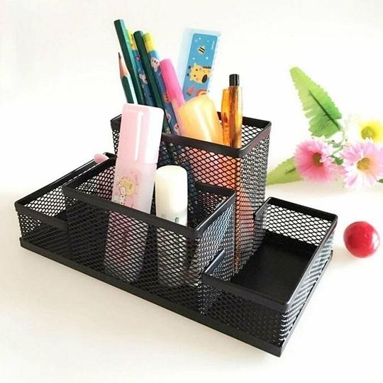 Fixily Mesh Pen Holder | 4 Compartment Metal Pencil Case | Desk Organizer Stand | Office, Home & School Use | Storage Rack (Black)