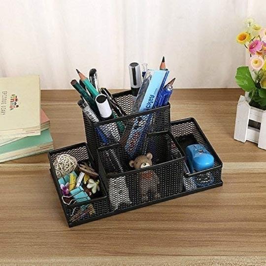 Fixily Mesh Pen Holder | 4 Compartment Metal Pencil Case | Desk Organizer Stand | Office, Home & School Use | Storage Rack (Black)