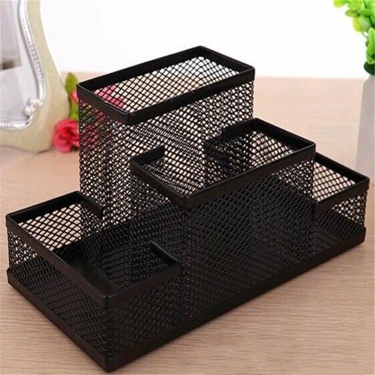 Fixily Mesh Pen Holder | 4 Compartment Metal Pencil Case | Desk Organizer Stand | Office, Home & School Use | Storage Rack (Black)