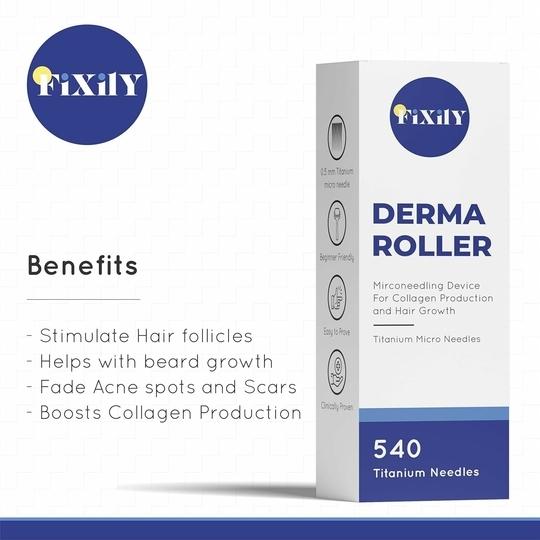 Fixily Derma Roller For Hair Growth 0.5mm with 540 Stainless Steel Needles | Repairs Damaged Hair, Activates Hair Follicles | For Hair Fall & Hair Thickening | Reduces Acne Scars | Safe & Effective To Use