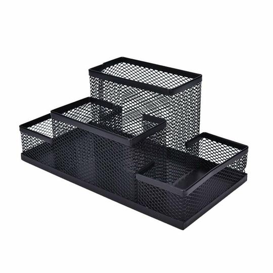 Fixily Mesh Pen Holder | 4 Compartment Metal Pencil Case | Desk Organizer Stand | Office, Home & School Use | Storage Rack (Black)