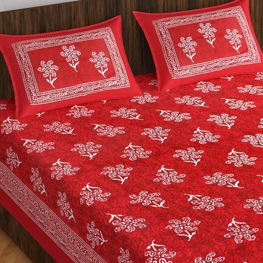 HOME@SHOP 144 TC Cotton Double Printed Flat Bedsheet (Pack of 1, Red)