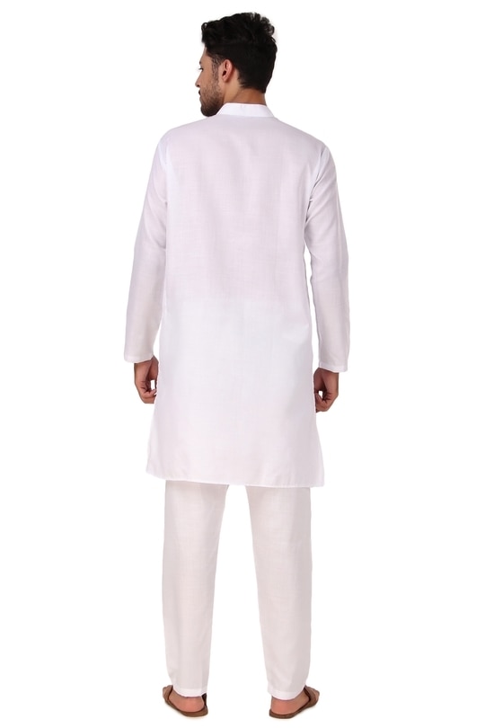 Preen Men White Solid Cotton Blend Kurta and Pyjama Set