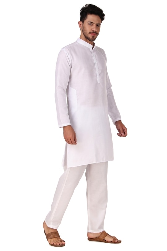 Preen Men White Solid Cotton Blend Kurta and Pyjama Set
