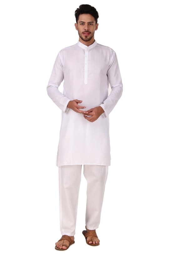 Preen Men White Solid Cotton Blend Kurta and Pyjama Set
