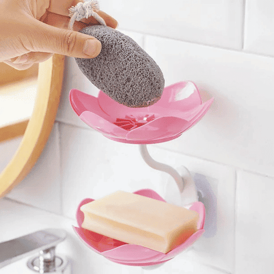 DAEEXINO Wall-Mounted Double Layer Flower Soap Holder with Drainage Self-Adhesive No-Drill Soap Stand for Bathroom & Kitchen Water Draining Soap Storage Organizer (Multicolor)