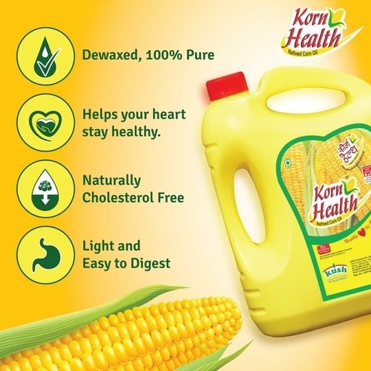 Korn Health 100% Pure Corn Oil - Nutritional Excellence, Cholesterol-Free, Versatile, and Balanced for Cooking | 5L