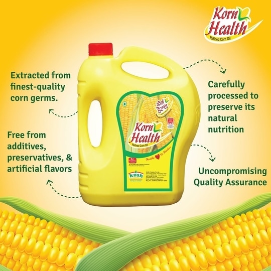 Korn Health 100% Pure Corn Oil - Nutritional Excellence, Cholesterol-Free, Versatile, and Balanced for Cooking | 5L