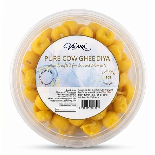 Veara Handcrafted Readymade Pure Cow Ghee Diyas 108pcs medium size yellow diya,burn time 25-30mins approx.