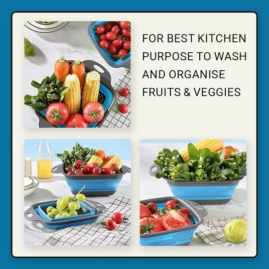 Prime Pick Collapsible Colander Set|Strainer Set | Pack of 2 Collapsible Colanders |Vegetable Fruit Basket for Kitchen |Collapsible Silicone Strainer for Kitchen (Blue)
