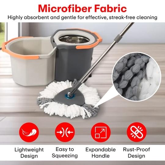 Prime Pick Twin Spin Mop With Pedal Triangle Extendable Ceiling Fan Cleaning Brush Stainless Steel Wringer Puller Handle Microfiber Dry, Wet Mop, Floor Wall Fan Cleaning, 2 Microfiber Refills