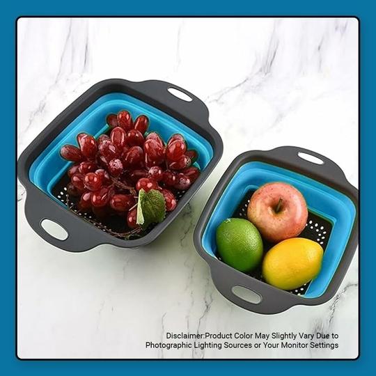 Prime Pick Collapsible Colander Set|Strainer Set | Pack of 2 Collapsible Colanders |Vegetable Fruit Basket for Kitchen |Collapsible Silicone Strainer for Kitchen (Blue)