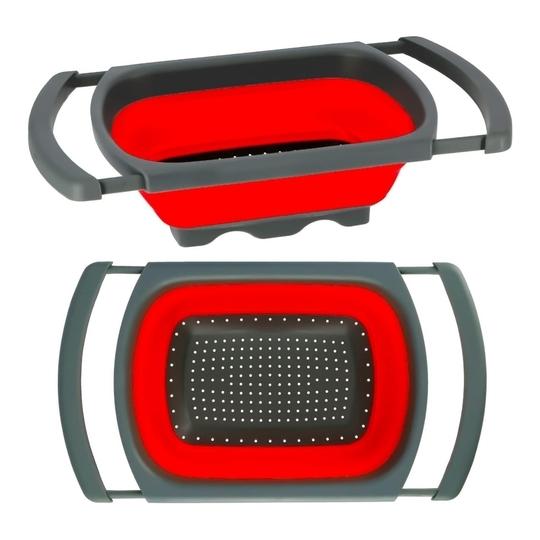 PRIME PICK Collapsible Colander with Extendable Handles & Silicone Scrub|Over The Sink Vegetable/Fruit Colander Strainer|Heat-Resistant Silicone|Stackable,Space-Saving Design|Pasta,Vegetables(Red)