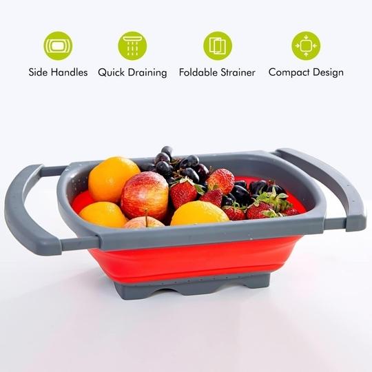 PRIME PICK Collapsible Colander with Extendable Handles & Silicone Scrub|Over The Sink Vegetable/Fruit Colander Strainer|Heat-Resistant Silicone|Stackable,Space-Saving Design|Pasta,Vegetables(Red)