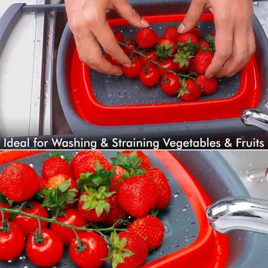 PRIME PICK Collapsible Colander with Extendable Handles & Silicone Scrub|Over The Sink Vegetable/Fruit Colander Strainer|Heat-Resistant Silicone|Stackable,Space-Saving Design|Pasta,Vegetables(Red)