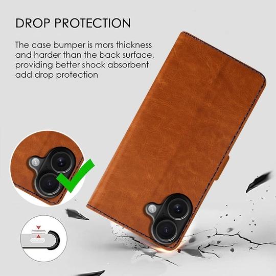 Casotec Flip Cover Back Case for Apple iPhone 16 Plus | Premium Leather Finish | Inbuilt Pockets & Stand | Flip Cover Back Case for Apple iPhone 16 Plus (CamelBlue)