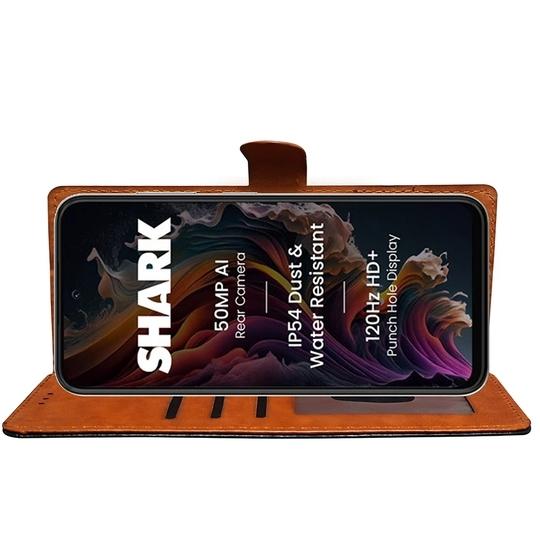 Casotec Flip Cover Back Case for Lava Shark 4G | Premium Leather Finish | Inbuilt Pockets & Stand | Flip Cover Back Case for Lava Shark 4G (CamelBlack)