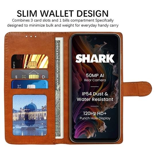 Casotec Flip Cover Back Case for Lava Shark 4G | Premium Leather Finish | Inbuilt Pockets & Stand | Flip Cover Back Case for Lava Shark 4G (CamelBlack)