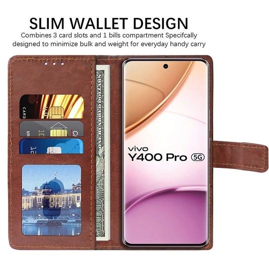 Casotec Flip Cover Back Case for Vivo Y400 Pro 5G | Premium Leather Finish | Inbuilt Pockets & Stand | Flip Cover Back Case for Vivo Y400 Pro 5G (Brown)