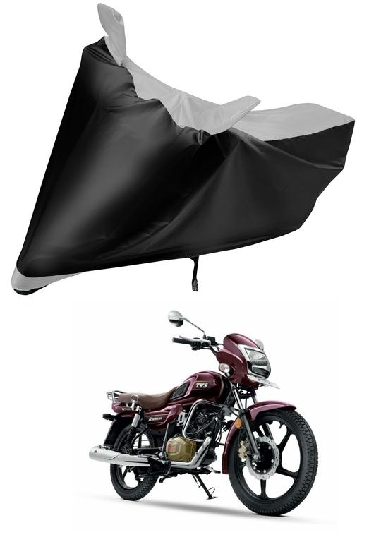 Mockhe Bike Body Cover for TVS Radeon , Dustproof UV Protection water resistant Custom Fit Cover-(Black-Silver )