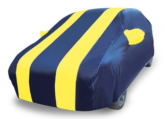 Mockhe Car Cover Compatible with Hyundai Verna Fluidic (Model : 2013-2017) with Mirror Pockets, Triple Stitched, Water Resistant Car Body Cover, Navy, Yellow