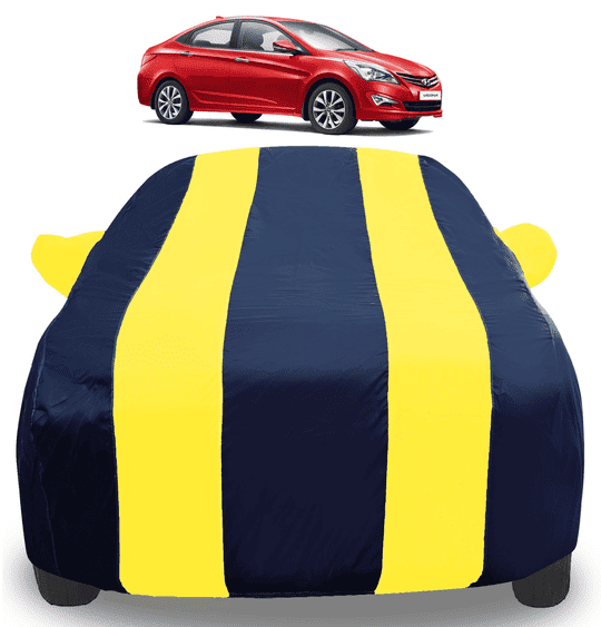 Mockhe Car Cover Compatible with Hyundai Verna Fluidic (Model : 2013-2017) with Mirror Pockets, Triple Stitched, Water Resistant Car Body Cover, Navy, Yellow