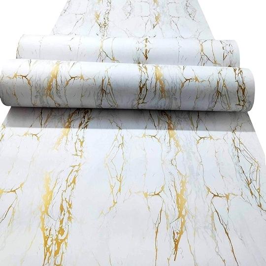 ONE2ONE ENTERPRISES  Polyvinyl PVC High Gloss Marble Self Adhesive Wallpaper for AlmirahFridgeFloorWallTableCupboard Decorative Furniture Interior - White and Gold, 2 x 10 Feet