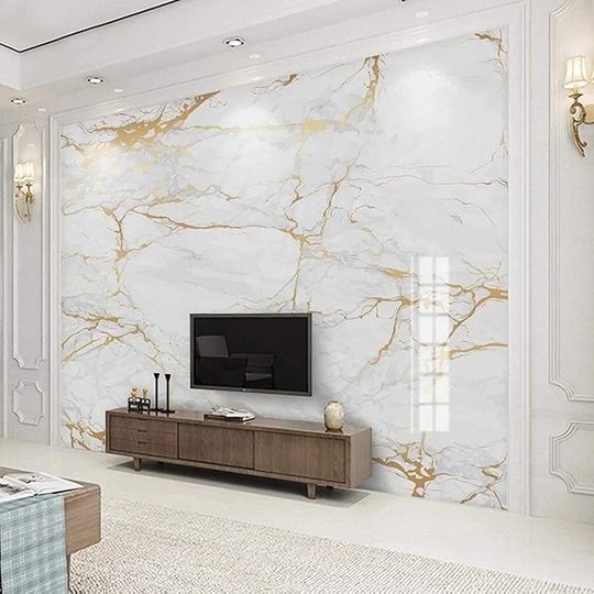 ONE2ONE ENTERPRISES  Polyvinyl PVC High Gloss Marble Self Adhesive Wallpaper for AlmirahFridgeFloorWallTableCupboard Decorative Furniture Interior - White and Gold, 2 x 10 Feet