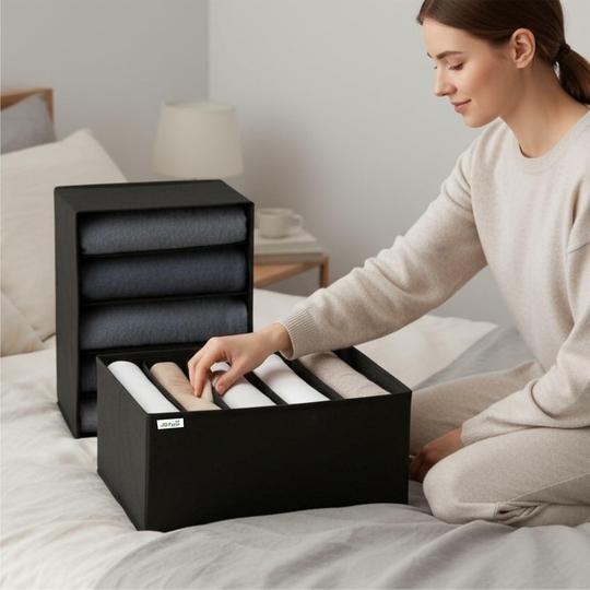 JD FRESH 5 Slot Non-Woven Fabric Clothing Storage Box/Foldable Wardrobe Organizer/Multipurpose Storage Organisers for clothes/Shirts/T-Shirts/Dress/Sweaters/Jeans (Pack of 6, Black)