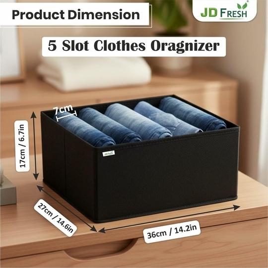 JD FRESH 5 Slot Non-Woven Fabric Clothing Storage Box/Foldable Wardrobe Organizer/Multipurpose Storage Organisers for clothes/Shirts/T-Shirts/Dress/Sweaters/Jeans (Pack of 6, Black)