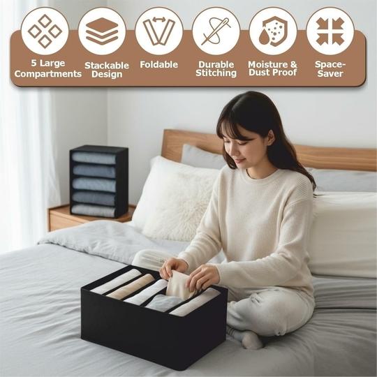 JD FRESH 5 Slot Non-Woven Fabric Clothing Storage Box/Foldable Wardrobe Organizer/Multipurpose Storage Organisers for clothes/Shirts/T-Shirts/Dress/Sweaters/Jeans (Pack of 6, Black)