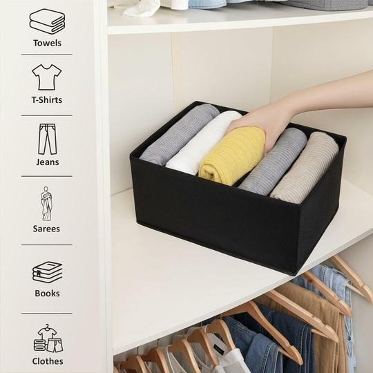 JD FRESH 5 Slot Non-Woven Fabric Clothing Storage Box/Foldable Wardrobe Organizer/Multipurpose Storage Organisers for clothes/Shirts/T-Shirts/Dress/Sweaters/Jeans (Pack of 6, Black)