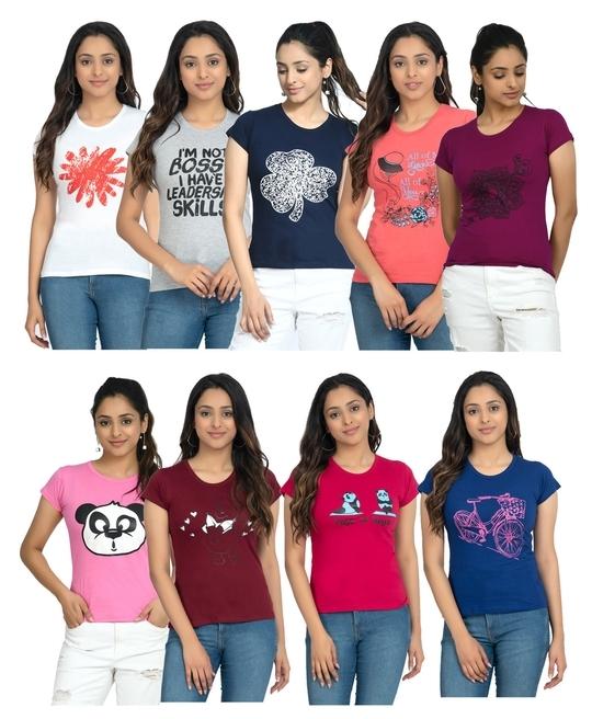 IndiWeaves Womens Cotton Printed Half Sleeves T-Shirts (Pack of 9) Multicolor