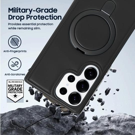 Luxmo Case Original Hybrid Leather Cover for Samsung Galaxy S25 Ultra (6.9-Inch, Black) with Ring Stand  Mag-Safe Wireless Charging Compatible  Shockproof Anti-Slip Yellowing Microfiber Slim Scratch-Resistant