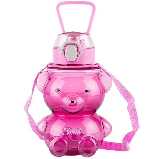 NATUREBUD Kids Teddy Shape Water Bottle With Strap Leakproof Portable Drinking Bottle Cute Bear Design Reusable Plastic Water Bottle For School Travel Outdoor Use Dark Pink