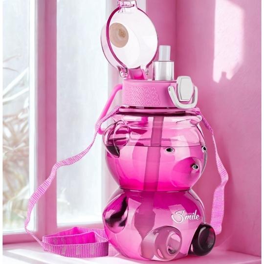 NATUREBUD Kids Teddy Shape Water Bottle With Strap Leakproof Portable Drinking Bottle Cute Bear Design Reusable Plastic Water Bottle For School Travel Outdoor Use Dark Pink
