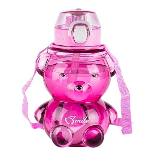 NATUREBUD Kids Teddy Shape Water Bottle With Strap Leakproof Portable Drinking Bottle Cute Bear Design Reusable Plastic Water Bottle For School Travel Outdoor Use Dark Pink