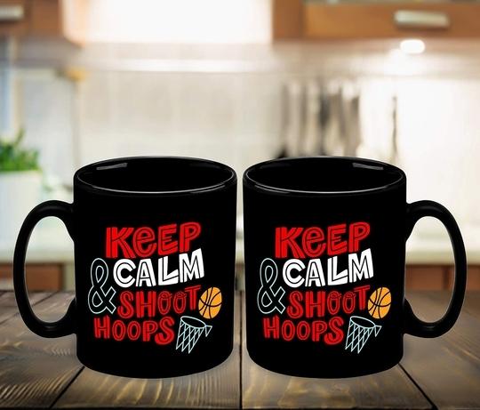 Whats Your Kick Basketball Theme Keep Calm Shoot Hoops Printed Black Ceramic Coffee Mug and Tea Mug 325ml