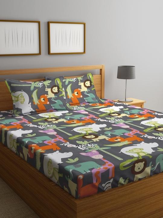 Klotthe Multicolor Cartoon Characters 300 TC Cotton Blend Fitted Double Bedsheet Set in Book Fold Packing