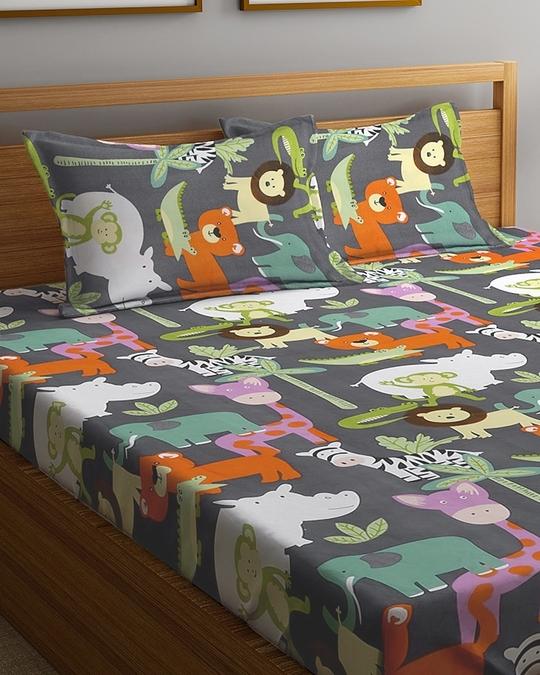 Klotthe Multicolor Cartoon Characters 300 TC Cotton Blend Fitted Double Bedsheet Set in Book Fold Packing