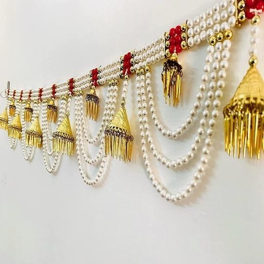 The Art Hub pratham enterprises Pratham Enterprises White Pearl Golden Jhumri Toran (4 FT) Toran (Beads, Thread)