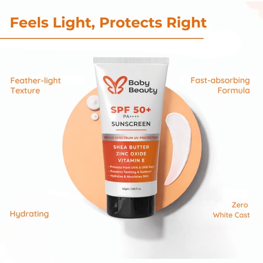 Baby Beauty SPF 50 Sunscreen | Broad Spectrum UVA & UVB Protection | Lightweight & Non-Greasy | No White Cast | Suitable for All Skin Types | Daily Use Face Sunscreen