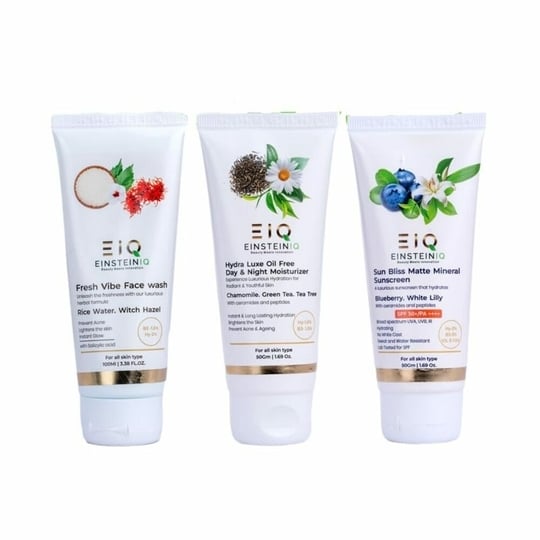 EIQ - EINSTEINIQ Face Wash + Sunscreen + Moisturizer | Complete Daily Skincare Combo | Cleanse, Hydrate & Protect | Lightweight, Non-Sticky | All Skin Types
